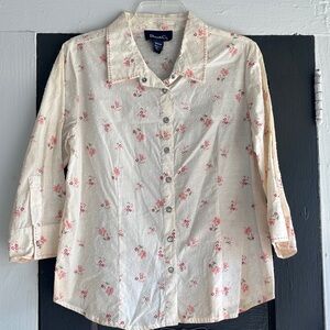 Denim & Co Floral Off White Pearl Snap Button Down Size Medium
